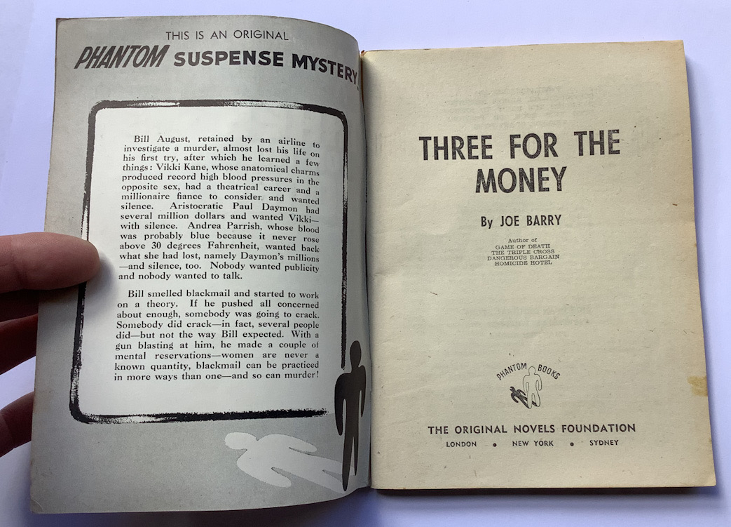 THREE FOR THE MONEY crime pulp fiction book by Joe Barry 1954